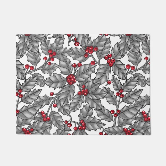 Holly berry, gray leaves on white doormat (Front)