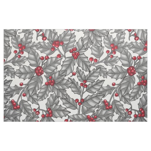 Holly berry, gray leaves on white fabric
