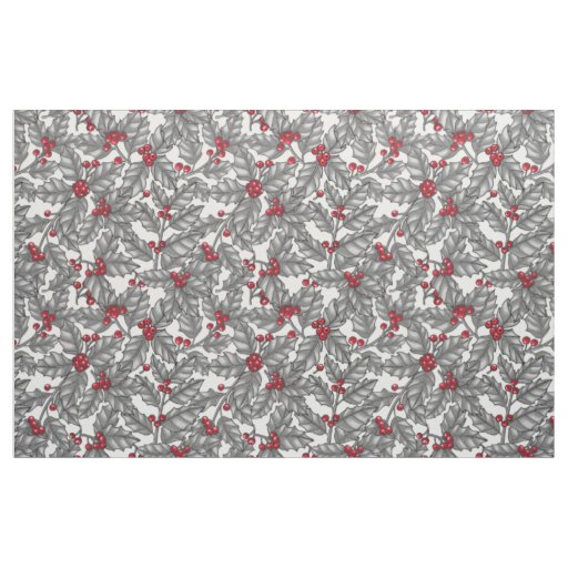 Holly berry, gray leaves on white fabric