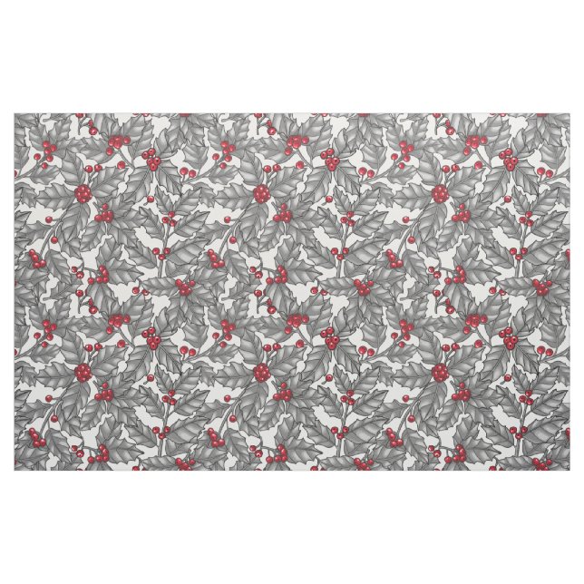 Holly berry, gray leaves on white fabric (Fat Quarter)