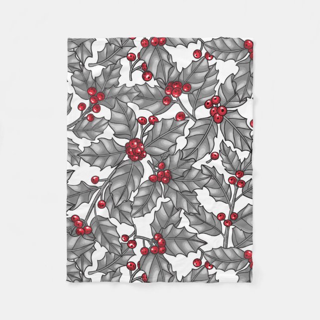 Holly berry, gray leaves on white fleece blanket (Front)