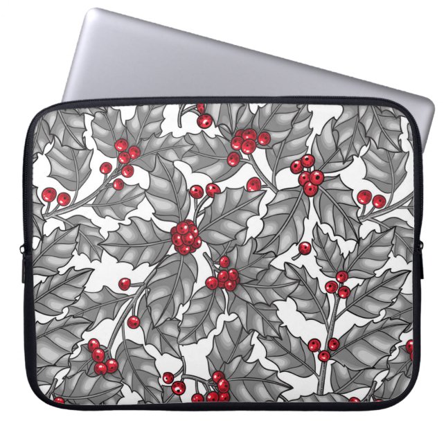 Holly berry, gray leaves on white laptop sleeve (Front)