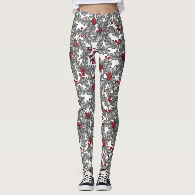 Holly berry, gray leaves on white leggings (Front)