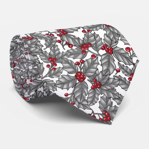 Holly berry gray leaves on white neck tie