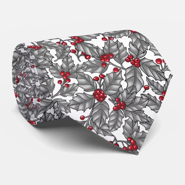 Holly berry, gray leaves on white neck tie (Rolled)