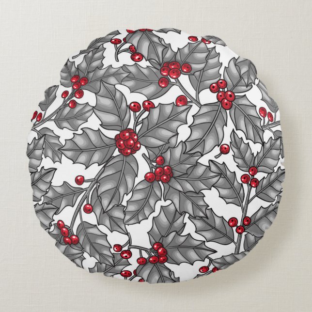 Holly berry, gray leaves on white round pillow (Front)
