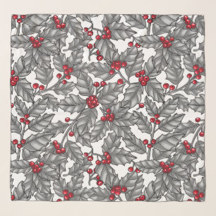 Holly berry, gray leaves on white scarf