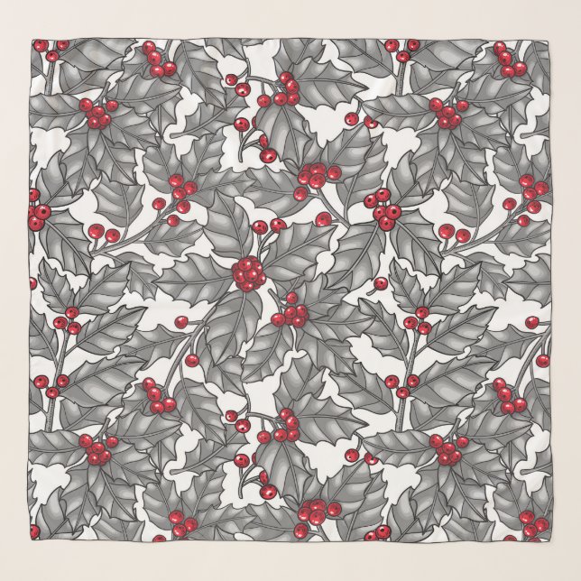 Holly berry, gray leaves on white scarf (Front)