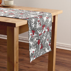 Holly berry, gray leaves on white short table runner