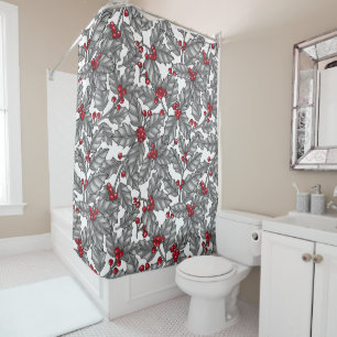 Holly berry, gray leaves on white shower curtain