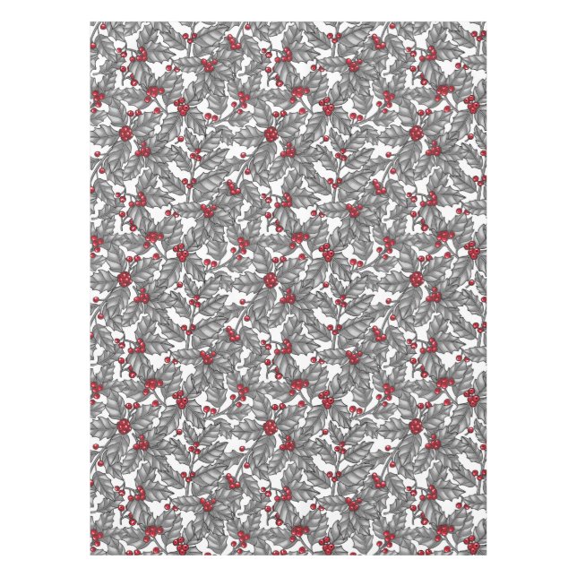 Holly berry, gray leaves on white tablecloth (Front)