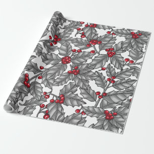 Holly berry, gray leaves on white wrapping paper