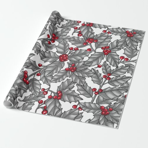 Holly berry gray leaves on white wrapping paper