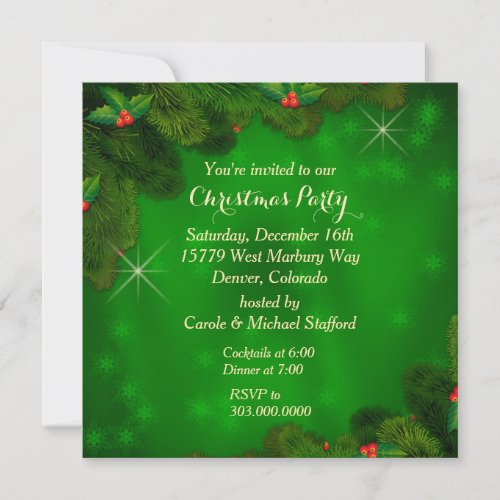Holly Berry Green Christmas Party Invitation