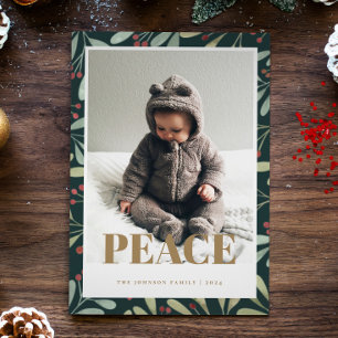 Holly Berry Green Gold Peace Christmas Photo Card