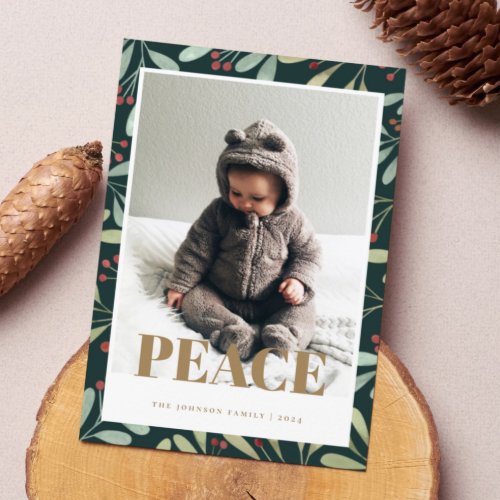 Holly Berry Green Gold Peace Christmas Photo Card