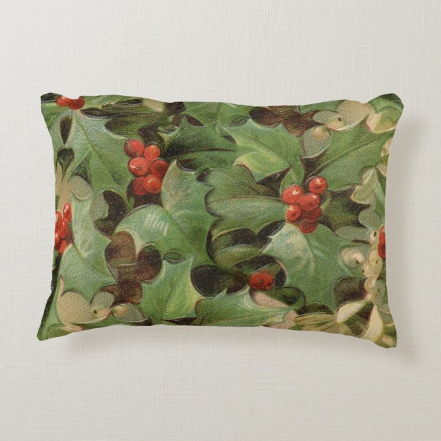 Holly Berry Greenery Christmas Holiday Vintage Accent Pillow (Back)