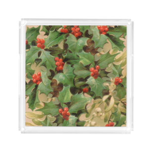 Holly Berry Greenery Christmas Holiday Vintage Acrylic Tray