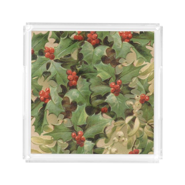 Holly Berry Greenery Christmas Holiday Vintage Acrylic Tray (Front)