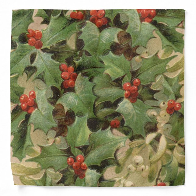 Holly Berry Greenery Christmas Holiday Vintage Bandana (Front)