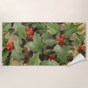 Holly Berry Greenery Christmas Holiday Vintage Beach Towel