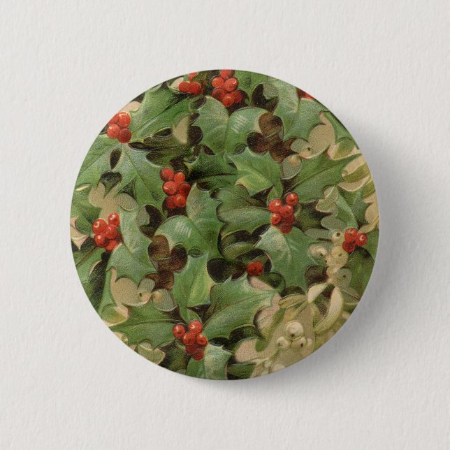 Holly Berry Greenery Christmas Holiday Vintage Button (Front)