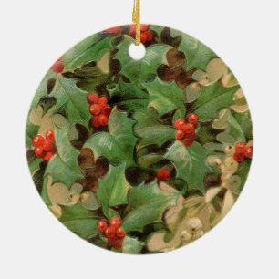 Holly Berry Greenery Christmas Holiday Vintage Ceramic Ornament