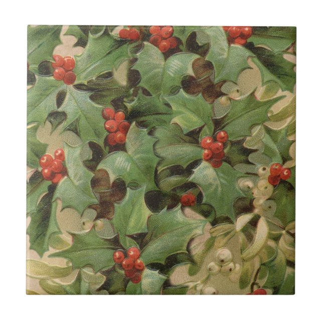 Holly Berry Greenery Christmas Holiday Vintage Ceramic Tile (Front)