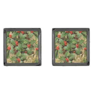 Holly Berry Greenery Christmas Holiday Vintage Cufflinks