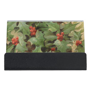 Holly Berry Greenery Christmas Holiday Vintage Desk Business Card Holder