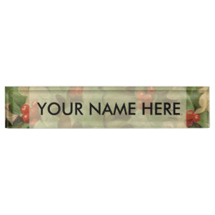 Holly Berry Greenery Christmas Holiday Vintage Desk Name Plate