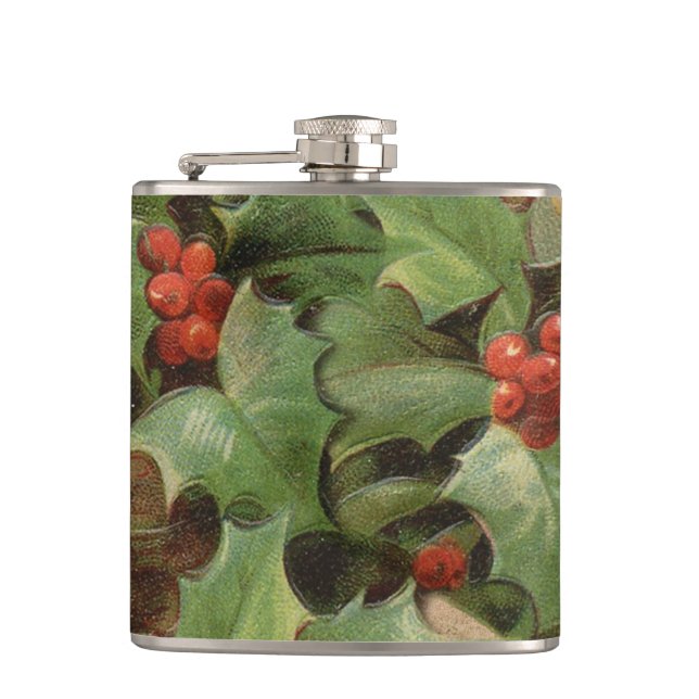 Holly Berry Greenery Christmas Holiday Vintage Flask (Front)