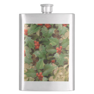 Holly Berry Greenery Christmas Holiday Vintage Flask