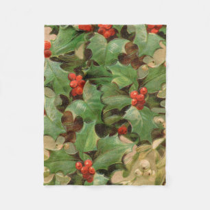 Holly Berry Greenery Christmas Holiday Vintage Fleece Blanket