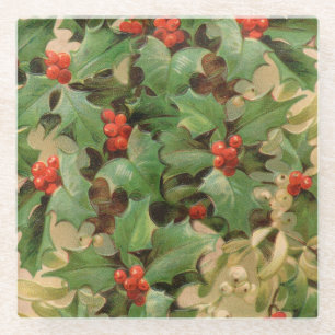 Holly Berry Greenery Christmas Holiday Vintage Glass Coaster