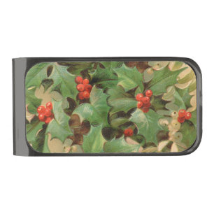 Holly Berry Greenery Christmas Holiday Vintage Gunmetal Finish Money Clip
