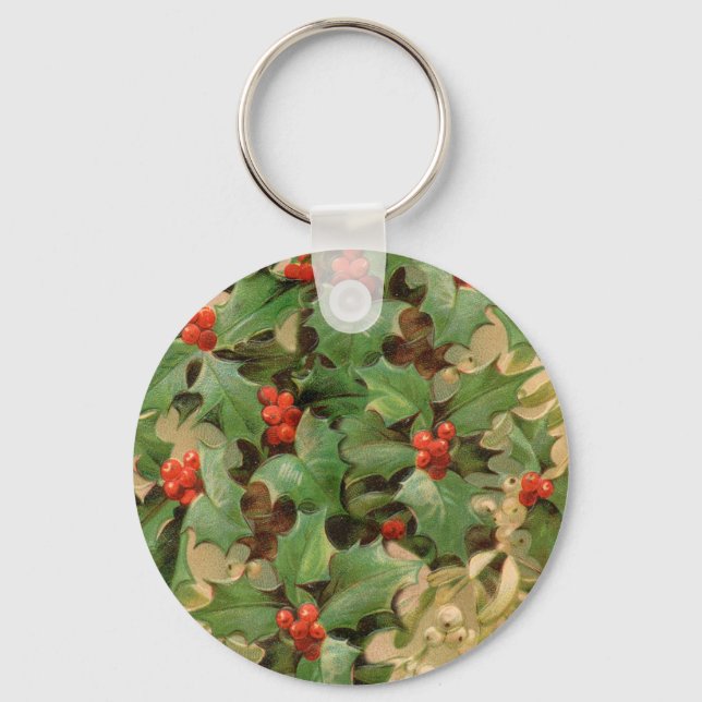 Holly Berry Greenery Christmas Holiday Vintage Keychain (Front)