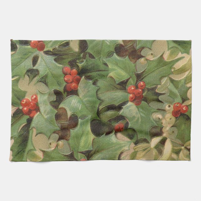 Holly Berry Greenery Christmas Holiday Vintage Kitchen Towel (Horizontal)