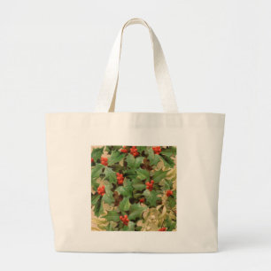 Holly Berry Greenery Christmas Holiday Vintage Large Tote Bag