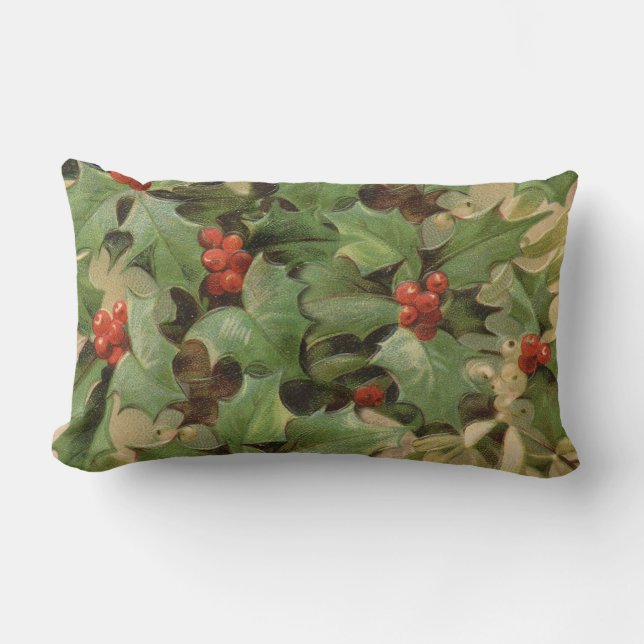 Holly Berry Greenery Christmas Holiday Vintage Lumbar Pillow (Front)