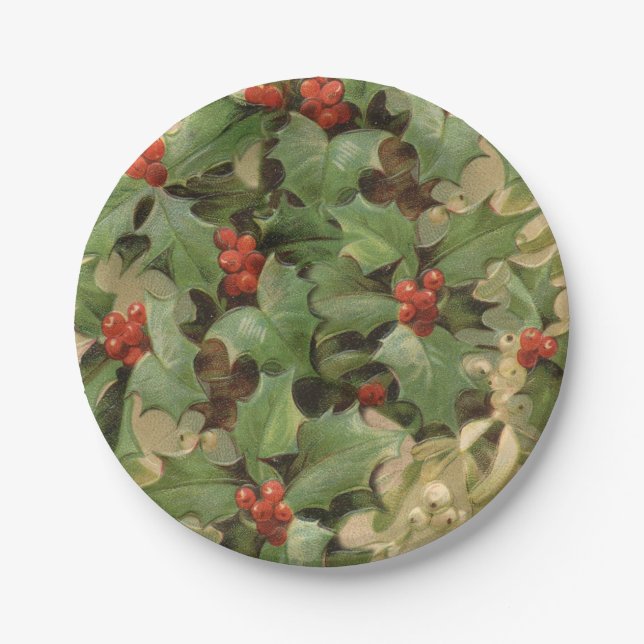 Holly Berry Greenery Christmas Holiday Vintage Paper Plates (Front)