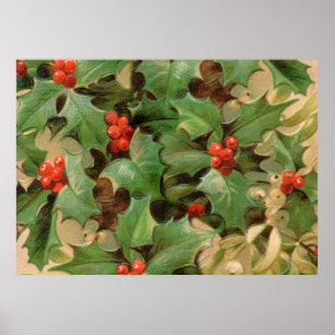 Holly Berry Greenery Christmas Holiday Vintage Poster