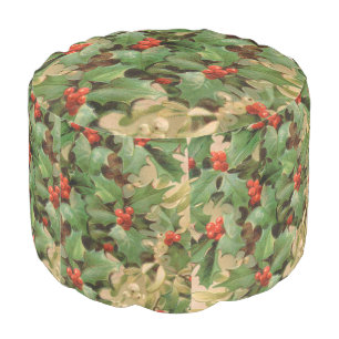 Holly Berry Greenery Christmas Holiday Vintage Pouf