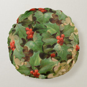 Holly Berry Greenery Christmas Holiday Vintage Round Pillow