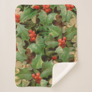 Holly Berry Greenery Christmas Holiday Vintage Sherpa Blanket