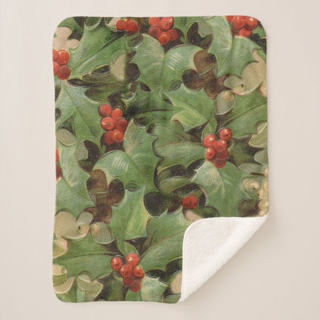 Holly Berry Greenery Christmas Holiday Vintage Sherpa Blanket (Front)
