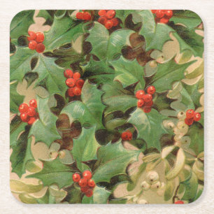 Holly Berry Greenery Christmas Holiday Vintage Square Paper Coaster