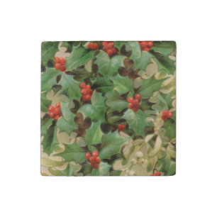 Holly Berry Greenery Christmas Holiday Vintage Stone Magnet