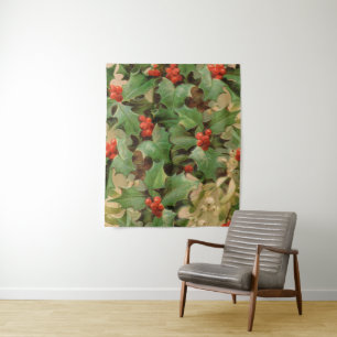 Holly Berry Greenery Christmas Holiday Vintage Tapestry