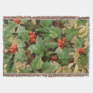 Holly Berry Greenery Christmas Holiday Vintage Throw Blanket